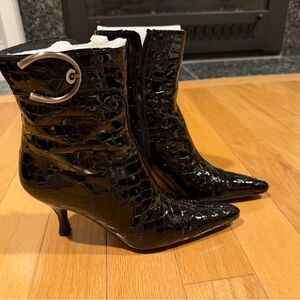 Stuart Weitzman Black Croc-Patterned Heeled Boots